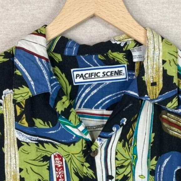 Vintage 90s Pacific Scene Men Button Up Hawaiian Shirt Size L Surf Boards Surfer - Picture 3 of 8